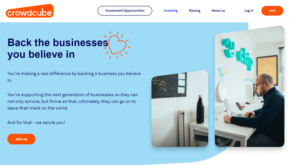 Crowdcube company investing webpage landing page screenshot. Tagline is 'Back the businesses you believe in'. Crowdcube can be used for UK investing