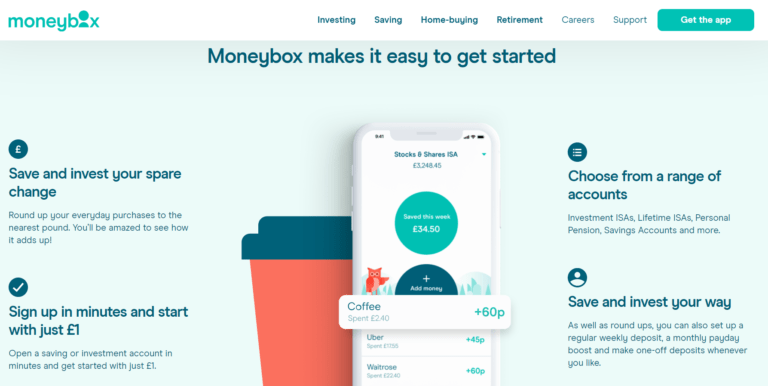 Moneybox uk investing and savings app. Screenshot of the Moneybox website landing page. Contains quotes of key points about the app and an account. Shows an image of a phone displaying the Moneybax app.