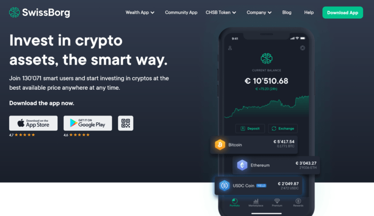 Swissborg cryptocurrency exchange landing page screenshot and info. The title in the image reads: Invest in crypto assets, the smart way. Swissborg can be used for UK investing. In the screenshot, there is also an image of a phone displaying the homepage of the Swissborg app.
