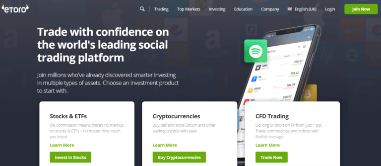 eToro trading platform website landing page screenshot. eToro can be used for UK investing. The title in the image reads 'trade with confidence on the world's leading social trading platform