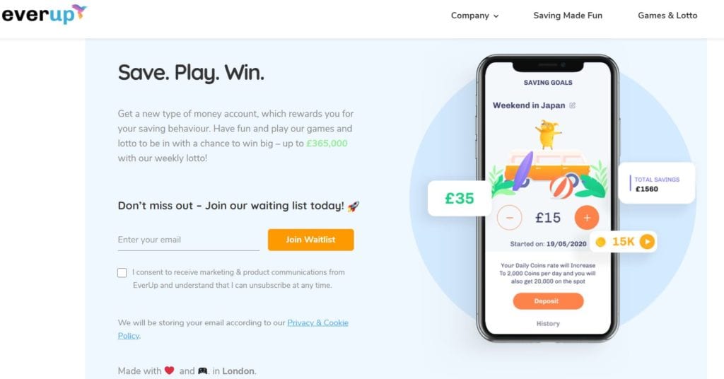 everup UK savings app landing page screenshot